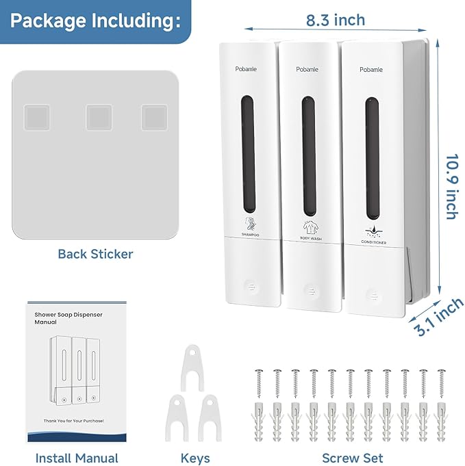 1984 Shower Soap Dispenser Bathroom Set Shampoo Conditioner Body Wash Dispenser Wall Mounted Shower Shampoo Dispenser 3 Chamber No Drill for Home Star Hotel 3 x 400ml White