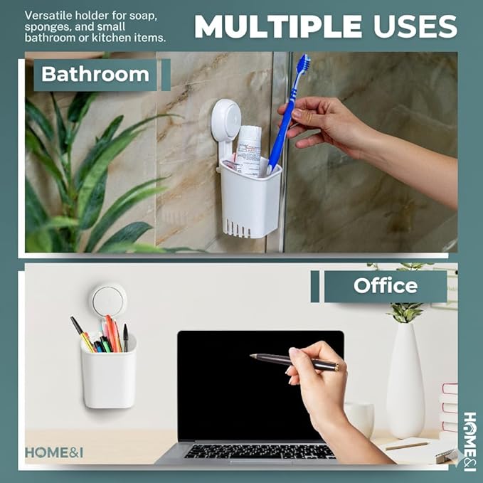 HOME&I Suction Cup Toothbrush Holder and Shower Caddy – Drill-Free, Removable, Powerful Suction Cup, Self-Draining Design for Bathroom & Kitchen – Holds Toothpaste, Razors, and Tableware