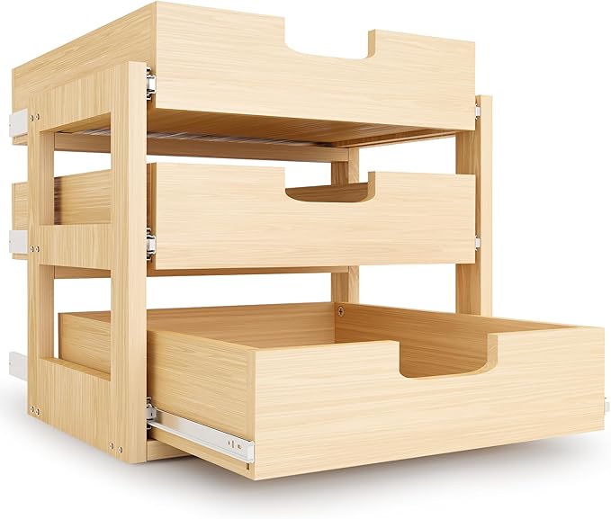 Pull Out Cabinet Organizer, 17''W×21''D×19''H Soft Close Slide Out Wooden Pull out Drawers, Three Tier Slide out Wood Cabinet Organizer, for Base Cabinet Organization in Kitchen, Pantry, Bathroom