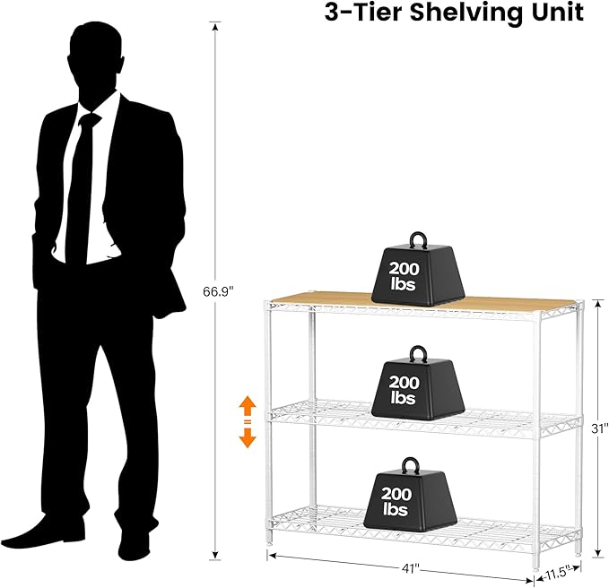 Homeiju 3-Shelf Storage Rack, 41" Wide Adjustable Standing Metal Shelving Unit with Removable Wooden Boards, Heavy Duty for Pantry, Bathroom, Garage, Entryway, Plant Stand, White