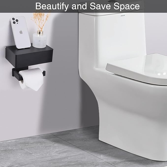 Adhesive Toilet Paper Holder with Shelf and Storage, Wall Mount Toilet Paper Roll Holder & Flushable Wipes Dispenser Set Fits Any Bathroom, Stainless Steel Tissue Holder-Square, Matte Black