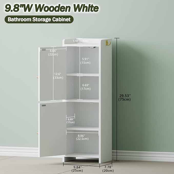 Arbuxzuy Small Bathroom Storage Cabinet,Corner Floor Cabinet with 2 Doors and Adjustable Shelf, Narrow Toilet Paper Cabinets with 2Hooks,Toilet Organizer for Small Spaces，7.87"D*9.84"W*29.72"H(White)