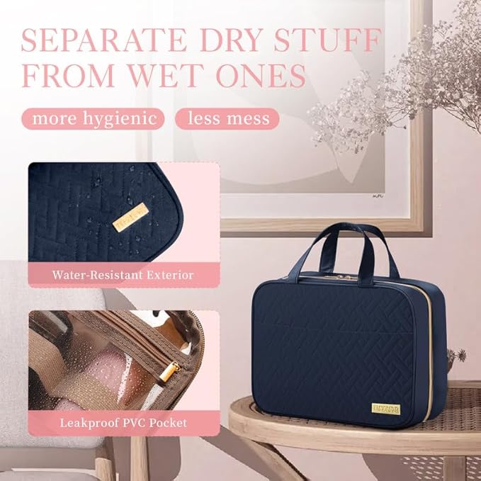 HOTOR Travel Toiletry Bag w/Hanging Hook - Spacious Toiletry Bag Essentials for Women & Men, Makeup Bag/Big Comparment, Waterproof for Travel Accessories, Medium, Navy Blue