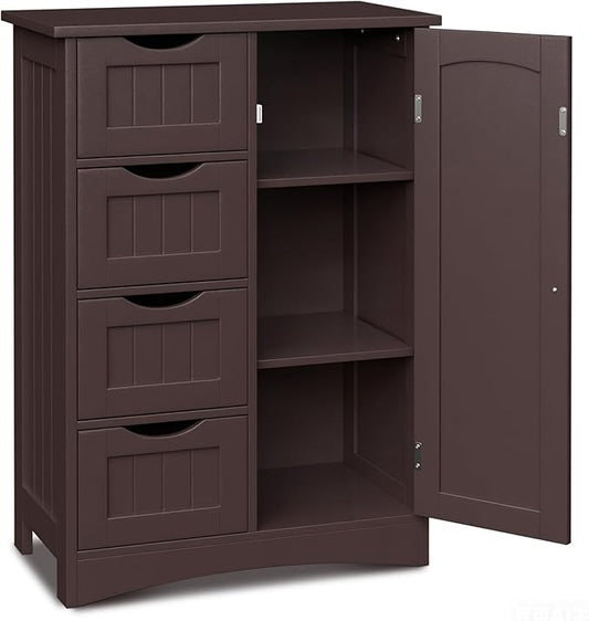 SUPER DEAL Bathroom Storage Cabinet with 4 Drawers and 1 Cupboard, Entryway Home Decor Furniture Towels Storage Organizer Unit, Brown