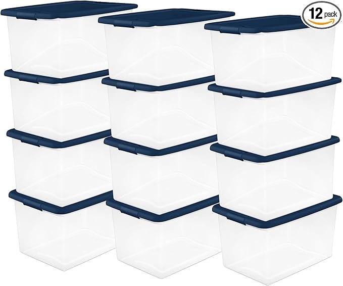 Sterilite 12-Pack Color Program, Large Clear Plastic Storage Bins with Lids, 64 Quart, Blue - Stackable Organizing Container Boxes for Closet, Bathroom, and Office