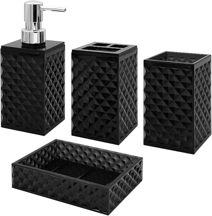 Bathroom Accessories Set, 4 Pcs Black Bathroom Decor Bathroom Sets Accessories, Diamond Soap Dispenser, Bathroom Tumbler, Soap Dish and Toothbrush Holder Set, Boho Bathroom Decor, Black