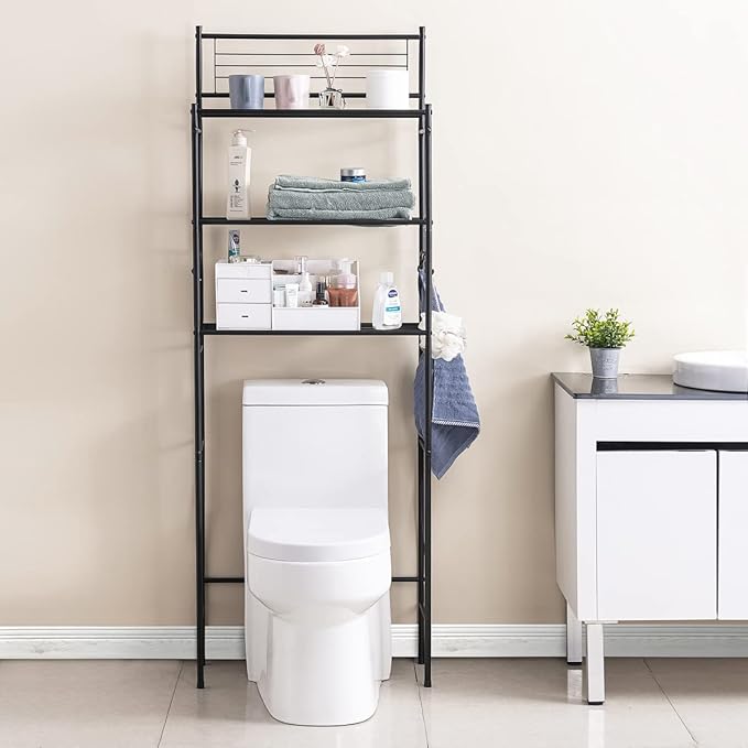 3-Shelf Over The Toilet Storage Bathroom Rack Space Saver Organizer Free Standing Metal Shelves with 4 Hooks, Black