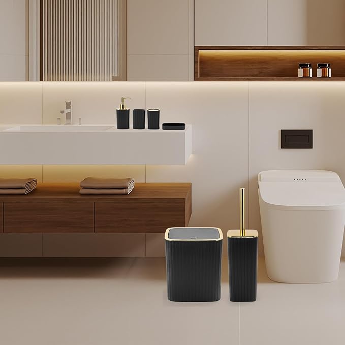 Bathroom Accessories Set-6PC Black Bathroom Set with Toilet Brush, Trash Can, Soap Dispensers and Toothbrush Holder, Soap Dish, Cup, Black and Gold Bathroom Decor for Modern Homes