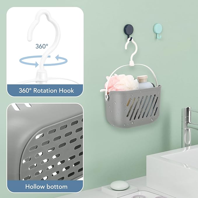 Gatuida Plastic Hanging Basket for Shower, Hanging Shower Caddy, Portable Storage Basket Kitchen Organizer with Hook for Bathroom Kitchen, 8.3 x 5.5 x 5.1 Inch (Grey)