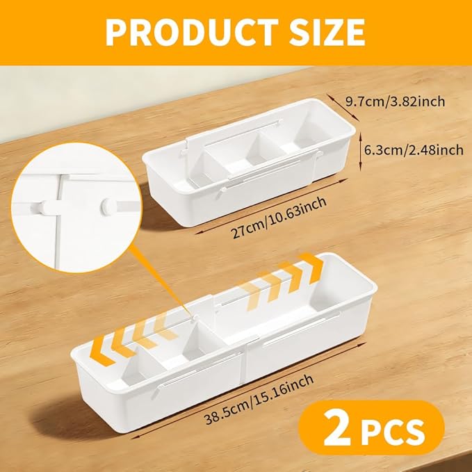 Adjustable Sliding Drawer Organizer Bin - 2 PCS Deep Drawer Organizer Bin Expandable Kitchen Organizer Trays for Kitchen Utensils, BBQ Tools, Home, Office, Makeup Storage Tools, 2PCS