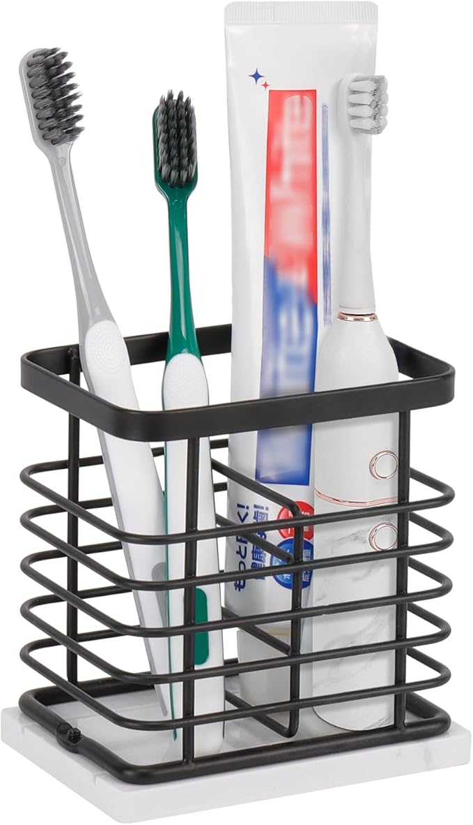 Toothbrush Holder, Luxurious Metal Toothbrush Toothpaste Holder with Marble Base for Bathroom, Multi-Slots Openwork Design, Bathroom Accessory for Storage and Organizer (Small, Matte Black)