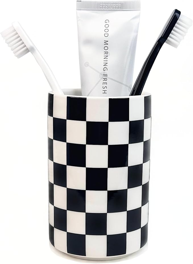 Tooth brush Holder for Bathroom, Black and White Ceramic Toothbrush Holders for Bathrooms, Modern Cute Toothbrushes and Toothpaste Caddy for Bath Countertop Storage Organizer, Checkered Bathroom Decor