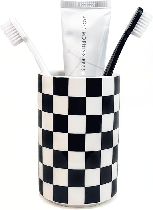Tooth brush Holder for Bathroom, Black and White Ceramic Toothbrush Holders for Bathrooms, Modern Cute Toothbrushes and Toothpaste Caddy for Bath Countertop Storage Organizer, Checkered Bathroom Decor