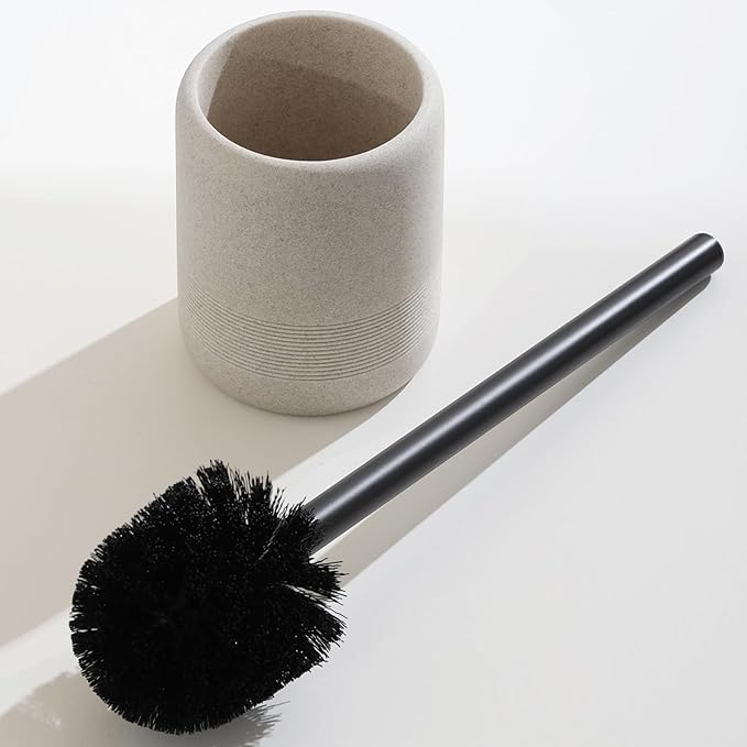 Toilet Brush and Holder Set, 2 PCS Decorative Toilet Bowl Brush and Holder Set Bathroom Aceessories Toilet Scrubber Brush Set with Heavy-Weight Resin Base with Long Handle (Beige)