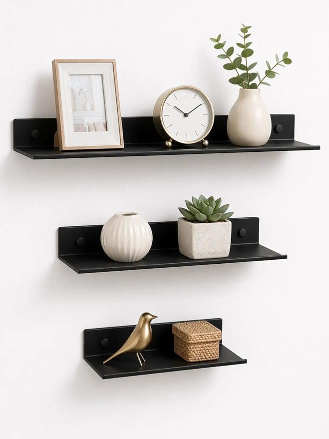 Z metnal Bathroom Shelf, Small Floating Wall Shelves, Decorative Ledge Shelf, Aluminum, Wall Mounted, Matt Black, 16/12/8 inch, 3 Packs