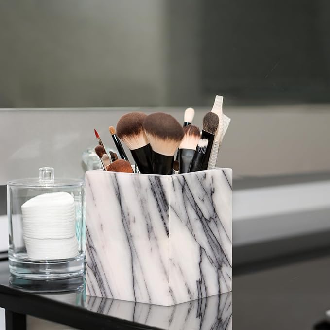 Natural Marble Toothbrush Holder for Bathroom Countertop (8.5x8.5x10cm) - Multifunctional Organizer for Makeup Brushes, Vanity Accessories & Utensils Sink (1, Lilac)