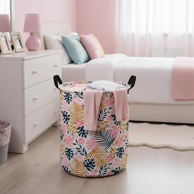 Round Pink Leaves Pattern Laundry Hamper Storage Basket Fabric Material Storage Hamper Organization Basket, Storage Bin, Gift Box with Handles for Room