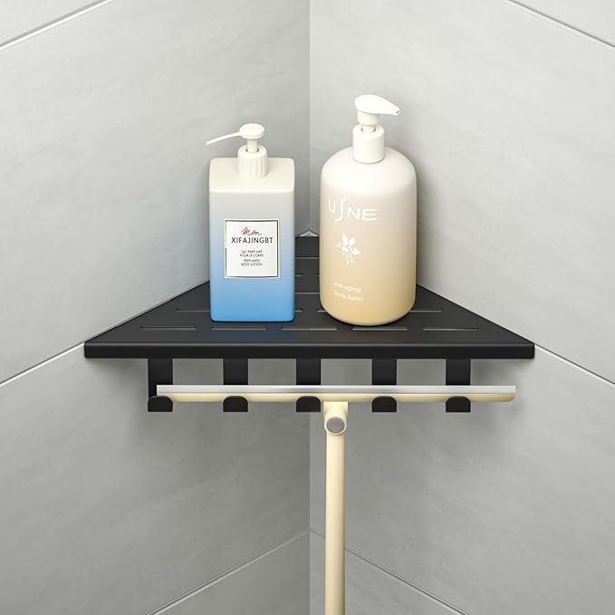 10'' Corner Shower Shelf, 304 Stainless Steel Shelves for Bathroom, Grout in Shelf with Hooks for Tiled Wall (Matte Black)