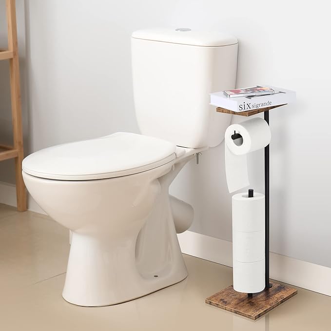 Toilet Paper Holder Stand with Shelf Toilet Paper Roll Holder with Reserve Free Standing TP Holder Rustic Toilet Paper Stand with Shelf for Bathroom Holds Wipe, Mobile Phone, Mega Rolls, Rustic Brown