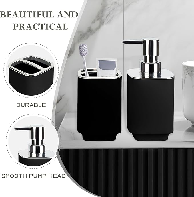 Black Bathroom Accessories 2 Pieces, Soap Dispenser and Toothbrush Holder Set for Boho Bathroom