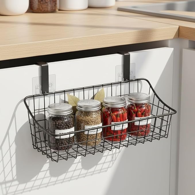 Basket with hook Grid Storage Basket, Hang it behind a door or on a railing, Over the Cabinet Door, Small, BLack,2 Pack