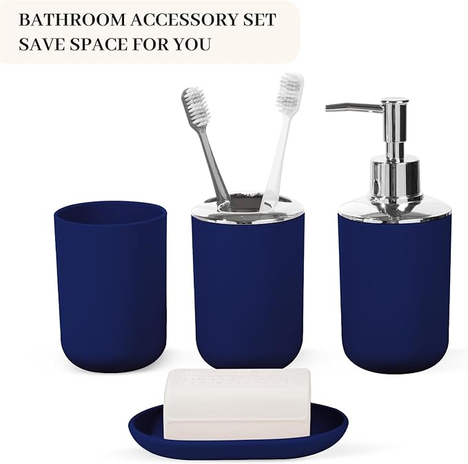 Bathroom Accessory Set, 4 Pcs Plastic Bathroom Set Include Soap Dispenser, Soap Dish, Toothbrush Holder, Mousewash Cup, Modern Bahtroom Décor Set, Space Save for Bathroom (Blue)