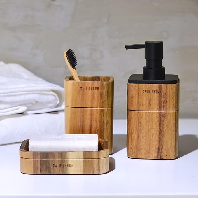 Bathroom Accessories Set 3 Piece Bath Ensemble Includes Soap Dispenser, Bathroom Tumbler, Soap Dish Accessories for Decorative Countertop and Housewarming Gift,Acacia Wood