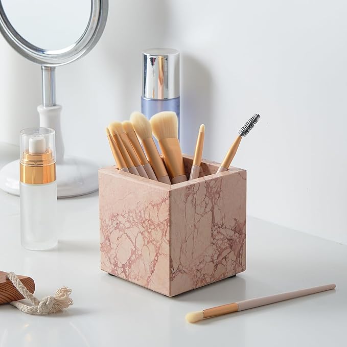 Real Luxurious Natural Marble Toothbrush Holder & Makeup Brush Organizer & Pen Holder for Desk,3.93inch Square Marble Utensil Holder Non-Ceramic/Non-Resin （Pink）