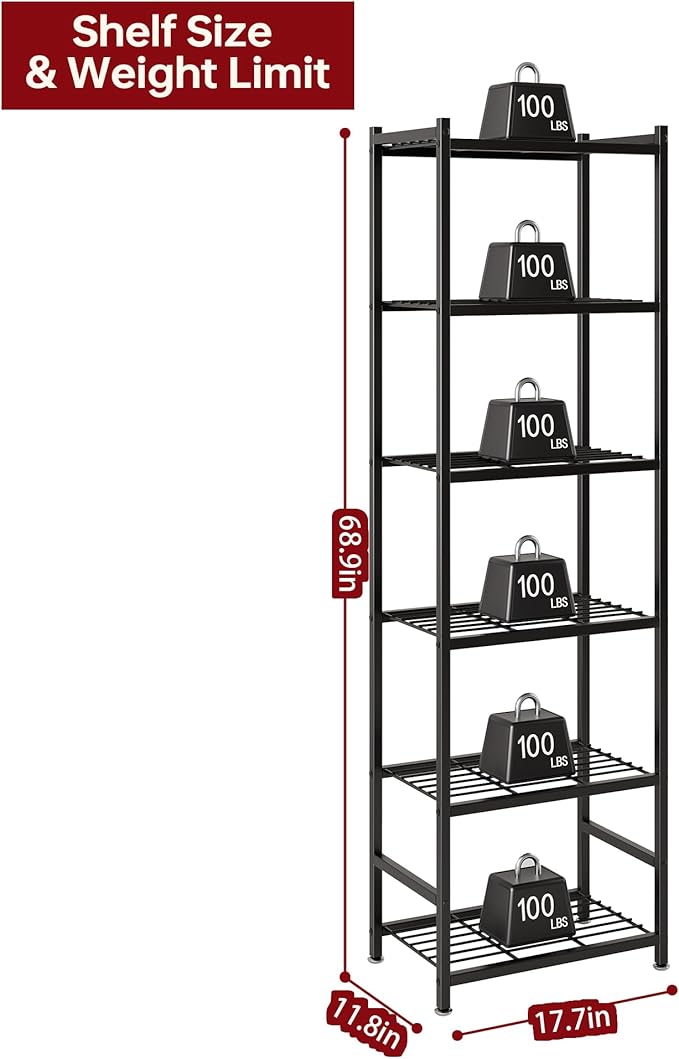 Small Storage Shelves, 6-Tier Metal Shelving Unit with Adjustable Feet, Compact Shelf Organizer for Garage, Kitchen, Pantry and Closet Organization, 11.8" x 17.7" x 68.9", Black