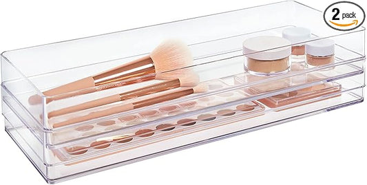 STORi SimpleSort 2-Piece Stackable Clear Drawer Organizer Set | 15" x 6" x 2" Rectangle Trays | Wide Makeup Vanity Storage Bins and Office Desk Drawer Dividers | Made in USA