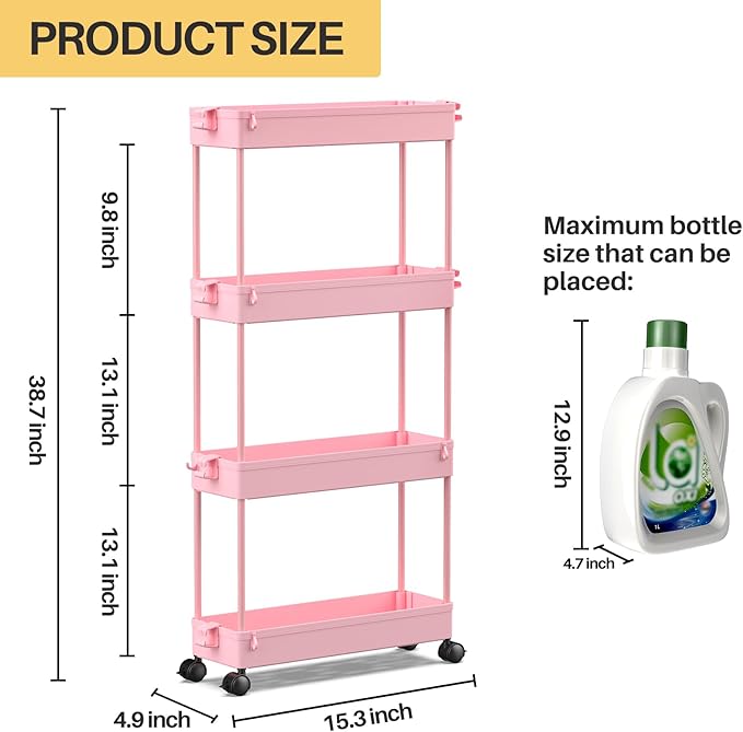 SPACEKEEPER Slim Rolling Storage Cart 4 Tier Bathroom Organizer Utility Cart Mobile Shelving Unit Tower Rack for Kitchen, Laundry Room, Bathroom, Narrow Places, Pink