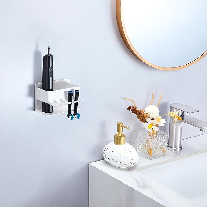 Toothbrush Head Holders, Electric Tooth Brush Head Holder, Adhesive Toothpaste Holder for Shower Bathrooms, Wall Mounted Tooth Brushing Holder Organizer Storage (White, Small)