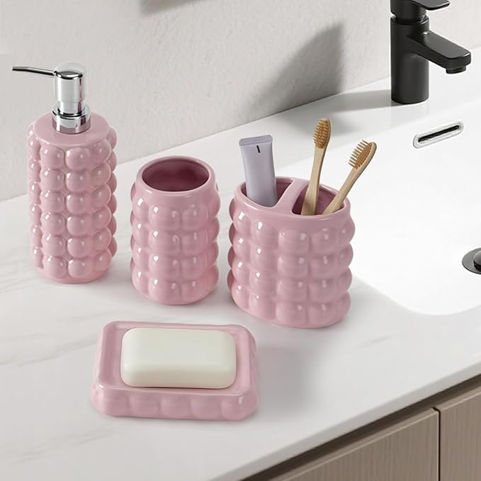 4 Piece Ceramic Bathroom Accessories Set –Soap Dispenser,Toothbrush Holder,Tumbler & Soap Dish,Includes Silicone Funnel,Non-Slip,Modern Farmhouse Countertop Organizer Set for Bathroom Decor, Pink