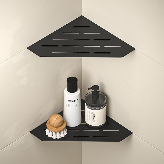 Corner Shower Shelf, 304 Stainless Steel Pentagonal Heavy Duty Floating Corner Sheves, Slot Design Grout in Bathroom Shelf for Tiled Wall 2 Pack(Matte Black, 8"-2 Pack)