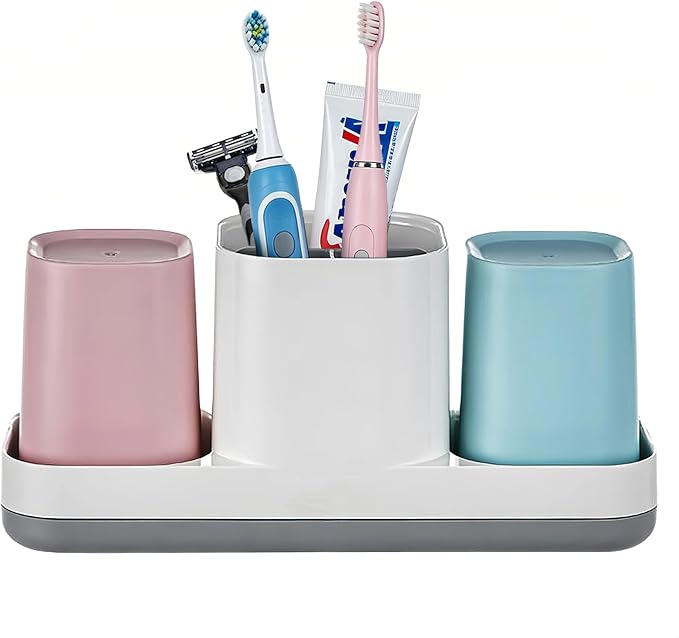 Toothbrush Holder for Bathroom, Kids Toothbrush Holder with Cups, Electric Toothbrush Holder for Bathroom Decor, Kids Bathroom Accessories Set with Toothpaste Holder, Pink & Blue