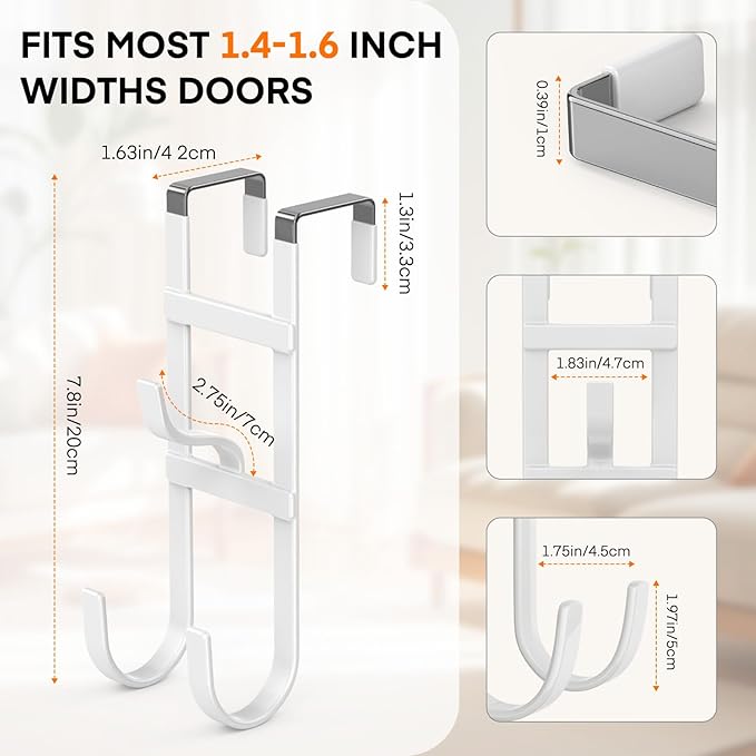 FYY Over The Door Hooks - 2 Pack Heavy Duty Triple-Hook Hanger, Rubber Coating Organizer for Bathroom Bedroom Kitchen Dorm, Hanging Towels Clothes Hats Bags Ironing Board, Fits Doors Up to 1.6" White