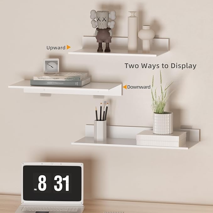 Wisfame White Floating Wall Shelves for Bedroom, Modern Bathroom Shelves Wall Mounted No Drilling Set of 3, Metal Small Decor Floating Shelf for Living Room Office