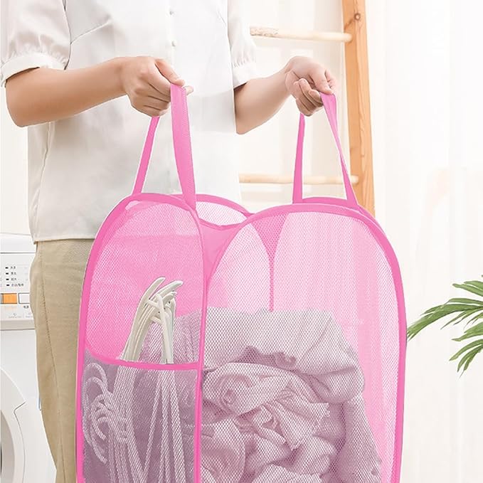 Portable Mesh Pop Up Laundry Hamper Pink Vertical Collapsible Laundry Basket With Strong Handles for Easy Storage, Suitable for Bedroom, College Dorms, Travel, RV