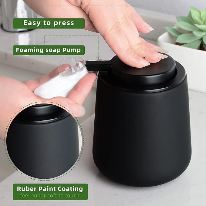 Black Bathroom Accessories Set 3 pcs - Ceramic Foaming Bathroom Soap Dispenser Set Farmhouse Black Bathroom Decor, Foam Soap Dispenser and Toothbrush Holder/Tumbler Cup, Tray