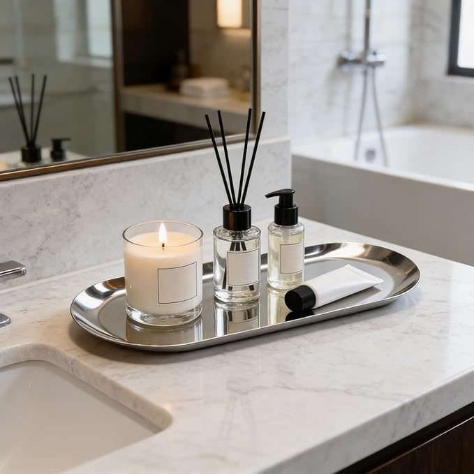 2 Pack Stainless Steel Decorative Tray, 12 Inch Oval Vanity Tray for Jewelry, Small Storage Plate for Cosmetics Organizer Bathroom Key Candle (Silver)