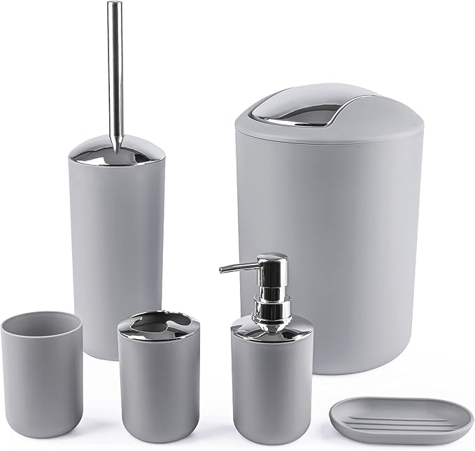 Papillon Bathroom Accessories - 6 Piece Plastic Gift Toothbrush Holder,Toothbrush Cup,Soap Dispenser & Dish,Toilet Brush Holder,Trash Can,Tumbler Straw Set (Gray)