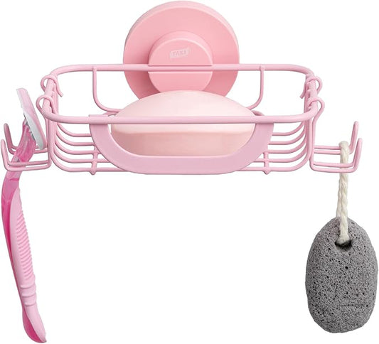 TAILI Soap Bar Holder Dish with Hooks, Shower Soap Tray Saver Suction Cup with Razor Holder for Wall, Rustproof Stainless Steel Bath Shampoo Caddy for Bathroom Accessories Organizer,Pink