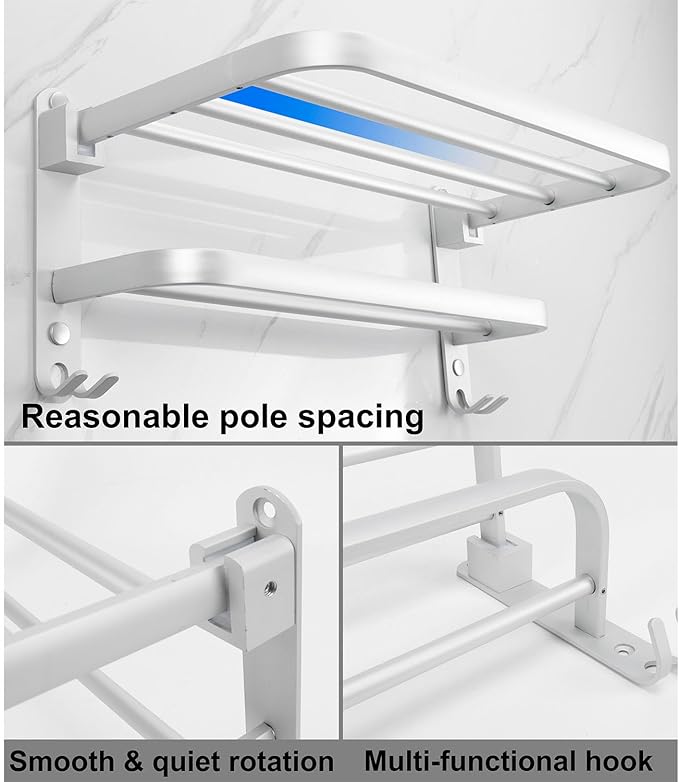 TocTen Towel Rack for Bathroom, Foldable Towel Holder with Double Towel Bars, Wall Mounted SUS304 Stainless Steel Bathroom Tower Shelf, Space-Saving Towel Hanger for Bathroom, Lavatory (Silver,24 in)