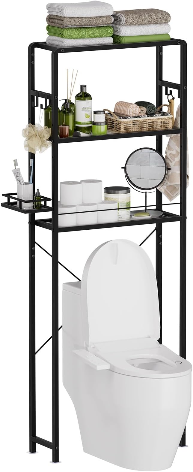 SAYGOER Glass Over The Toilet Storage Rack, 3-Tier Over-The-Toilet Storage, Adjustable Shelf Bathroom Organizer, Black Space Saving Shelves