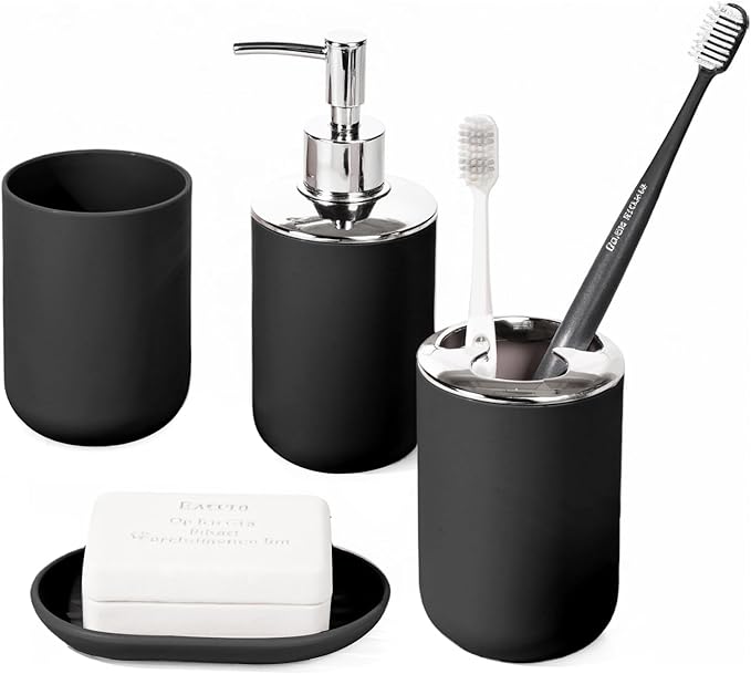 Bathroom Accessory Set, 4 Pcs Plastic Bathroom Set Include Soap Dispenser, Soap Dish, Toothbrush Holder, Mousewash Cup, Modern Bahtroom Décor Set, Space Save for Bathroom(Black)