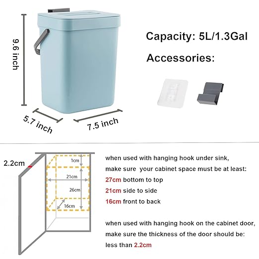 LALASTAR Small Trash Can with Lid, Compost Bin Indoor Kitchen Sealed Under Sink for Kitchen, Food Waste Bin for Countertop, Mountable Garbage Can for Bathroom, RV, 5L/1.3 Gal, Blue
