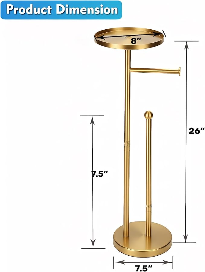 Gold Toilet Paper Holder with Shelf, Tissue Roll Holder Stand with Storage for Holding Extra 4 Toilet Paper Rolls, Stainless Steel Rustproof Freestanding (Brushed Gold)
