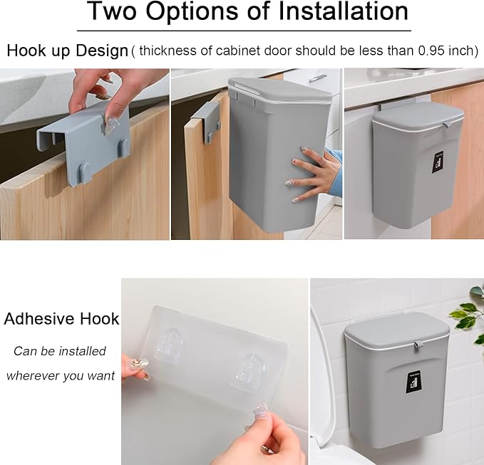 Tiyafuro 2.4 Gallon Kitchen Compost Bin for Counter Top or Under Sink, Hanging Small Trash Can with Lid for Cupboard/Bathroom/Bedroom/Office/Camping, Mountable Indoor Compost Bucket, Gray