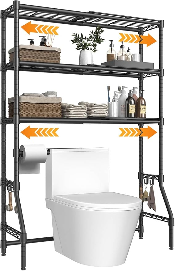 Expandable Over The Toilet Storage Rack, 3-Tier Adjustable Height & Width (22"-38") Metal Bathroom Organizer Shelves, Space Saver Above Toilet Over Washer and Dryer Shelf for Laundry Room