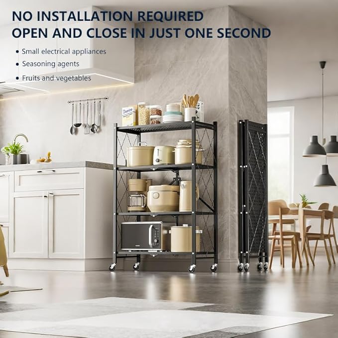 4 Tier Foldable Storage Shelves with Locking Wheels, Assembled Rolling Shelving for Kitchen, Pantry, Closet & Laundry Room, Space-Saving Organizer, 28.5" L x 14.2" W x 46.1" H
